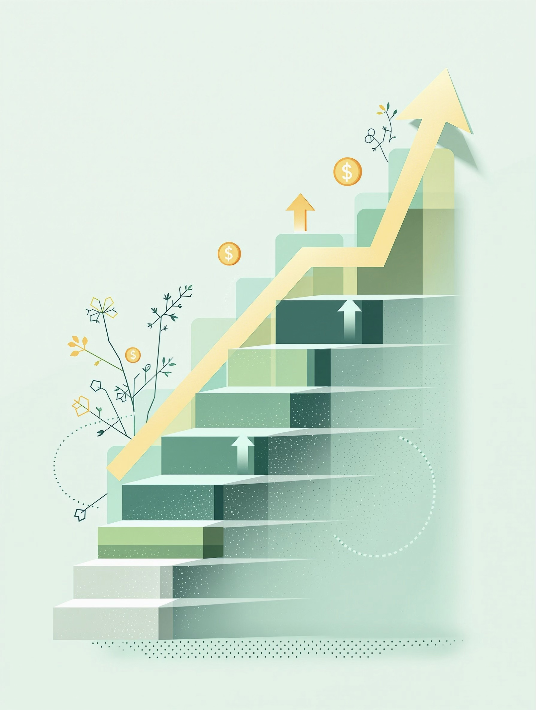 Illustration of a staircase rising toward portfolio growth with gold coins and arrows